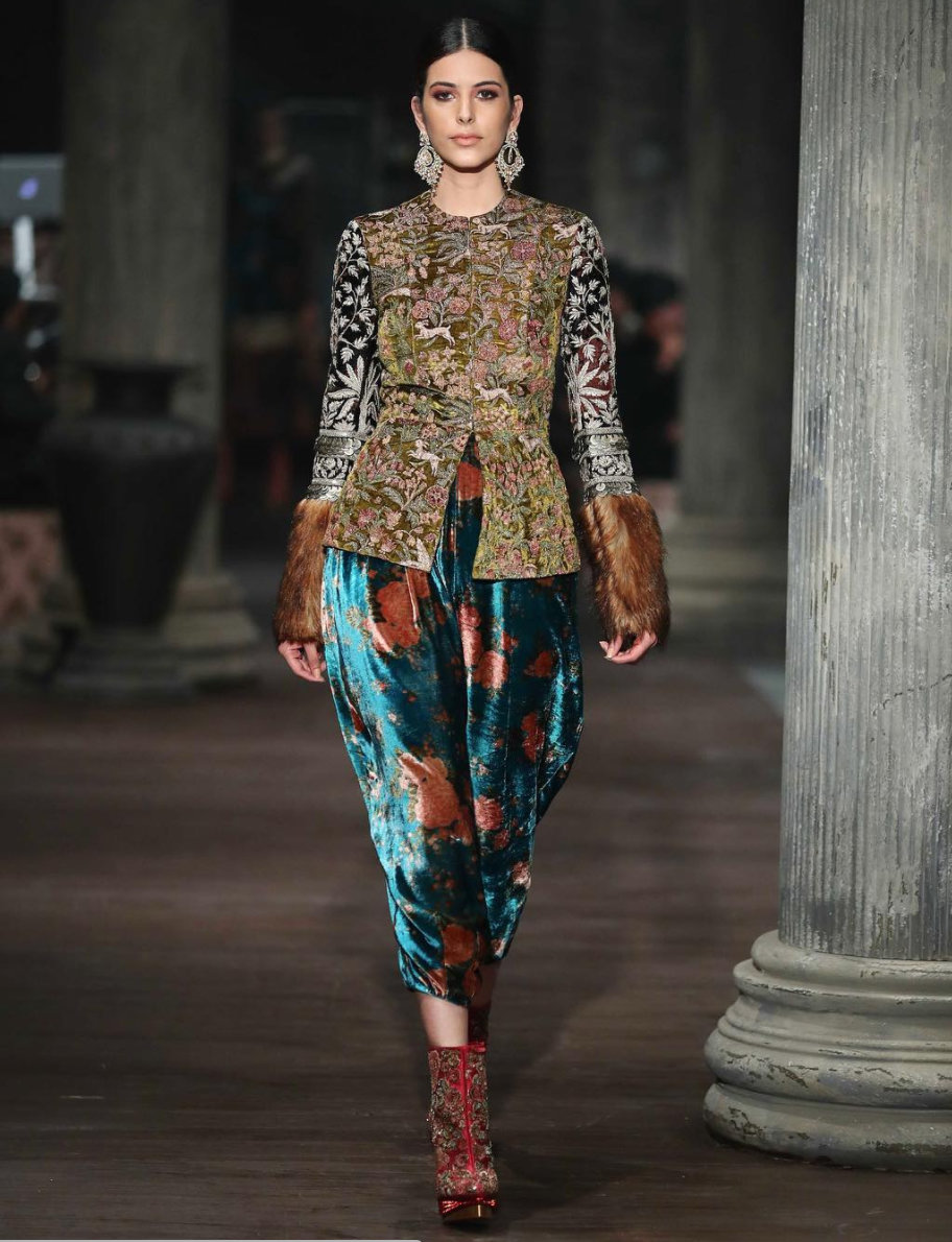 Sabyasachi Collection - Printed velvet pants and Louboutin boots 