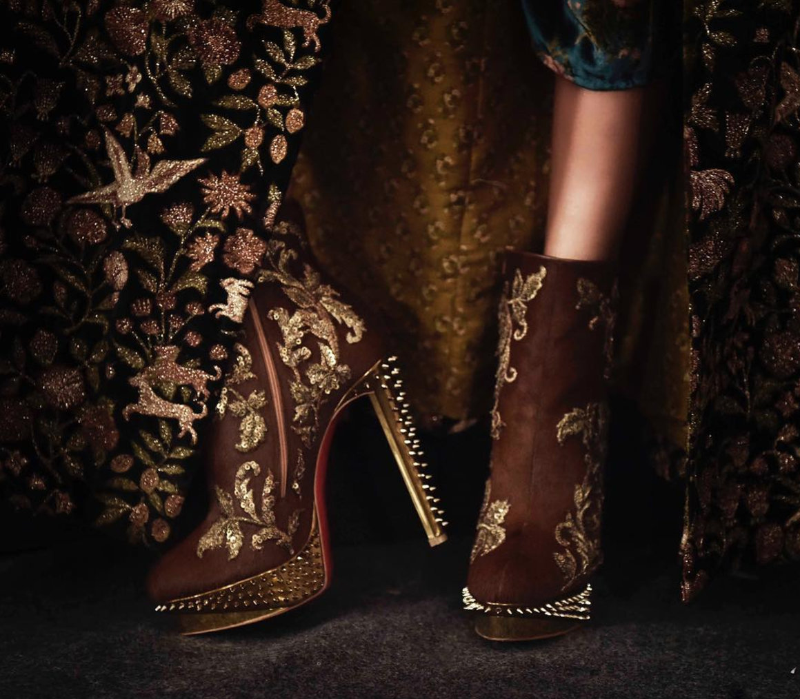 Sabyasachi Collection - Brown and gold boots with spikes