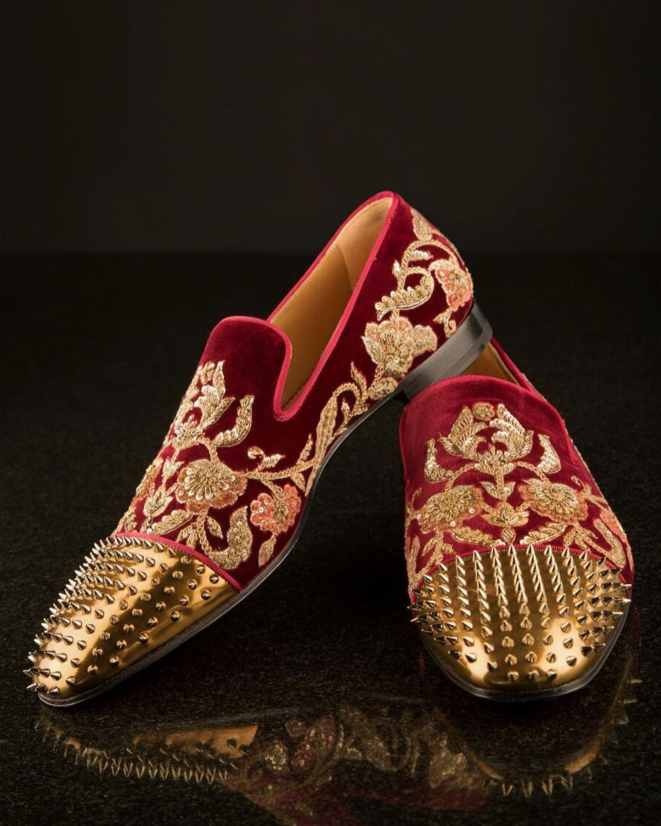 Sabyasachi Collection - Mens red loafers with spikes on the toe caps